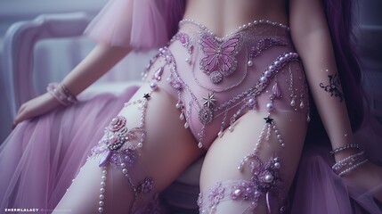 close up lingerie and underwear fashion portrait, pretty girl wearing sexy pink white lace panties decorated with butterfly pearls and glitter, fantasy fairytales atmosphere, - obrazy, fototapety, plakaty