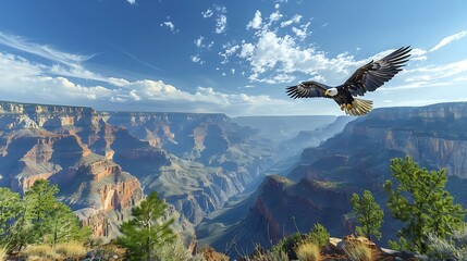 A stunning visual of a bald eagle soaring above a panoramic view of the Grand Canyon, with the American flag flowing boldly in the foreground.
