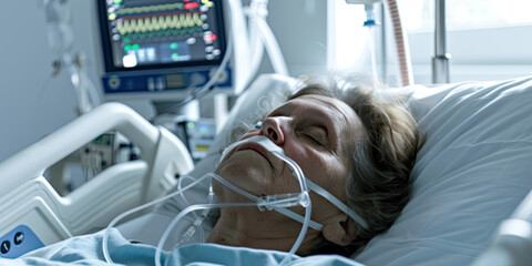 Middle aged woman lies in a hospital ward, connected to life support equipment, monitors