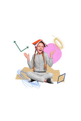 3d retro abstract creative artwork template collage of funny energetic little schoolgirl pupil schoolkid have fun read book homework