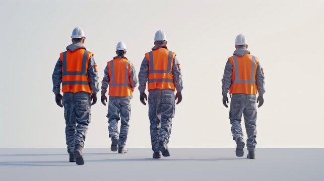 A group of men in orange vests walk together