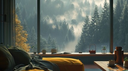A mental wellness app being used in a cozy, modern apartment with a view of a misty, ancient forest