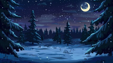 Night Winter Forest, Illustration, Cartoon illustration - obrazy, fototapety, plakaty