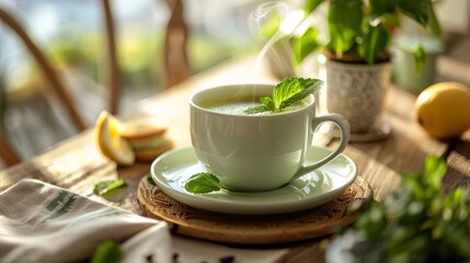AI generated illustration of Steaming Herbal Tea in White Cup with Fresh Mint and Lemon Slices - obrazy, fototapety, plakaty