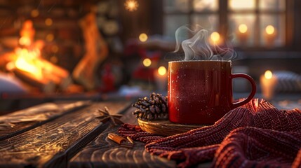 AI generated illustration of a cozy Winter Setting with Hot Drink and Warm Blanket by the Fireplace - obrazy, fototapety, plakaty