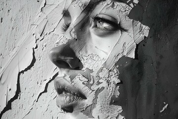 AI generated illustration of a monochrome image of woman's face adorned with paint