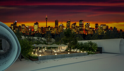 Project of an Outdoor Patio Restaurant Illuminated by City Skyline of Sidney - 3D Visualization