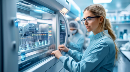 A professional female scientist managing samples in a high-tech automated laboratory machine. Expert woman Researcher Operating Advanced Laboratory Equipment