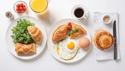 Delicious breakfast in a table with salad, fried eggs and pastry top view on a white background
