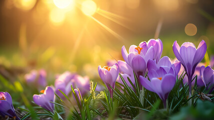 Spring flowers lavender crocuses among green grass in the sunlight