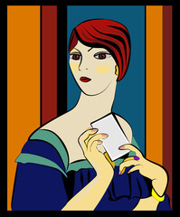 A stylized female character with red hair styled in a bob cut is portrayed against a background of vertical stripes in warm and cool tones. She is holding what appears to be a card or a small blank ca - 786115867