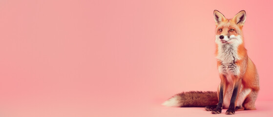 A red fox sitting elegantly with its piercing gaze fixed forward, set against a soft pink background that accentuates its fiery fur