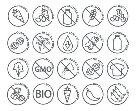 Round black dietary restrictions icon set with elements such as vegan, vegetarian, keto, gluten free etc.