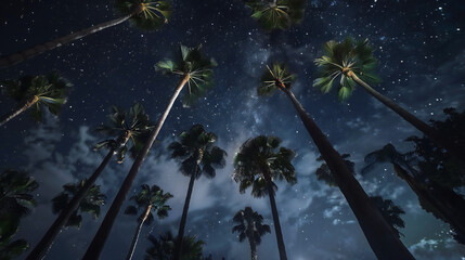 Palm trees silhouetted against a starry night sky