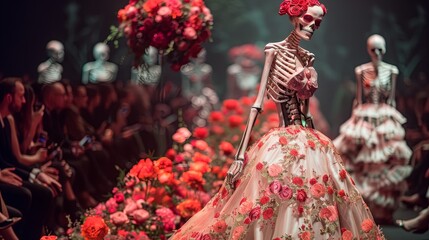 A skeleton supermodel in a floral dress walking down the runway, dark haunting face