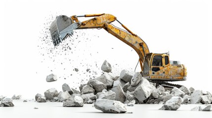 A large yellow excavator is digging into a pile of rocks