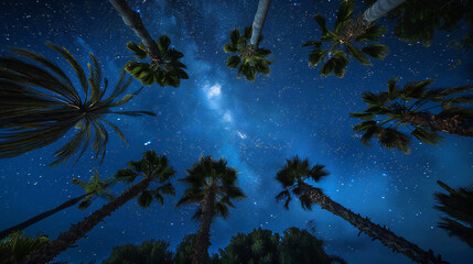Fototapeta na wymiar Palm trees silhouetted against a starry night sky