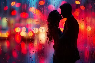 couple kissing while it rains through the glass of a window