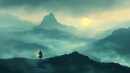 a lone person walking through the foggy mountains on a hilltop