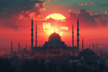 AI generated illustration of Ramadan, Eid Fitr and Eid Adha Graphic Design with Minarets and Mosques - obrazy, fototapety, plakaty