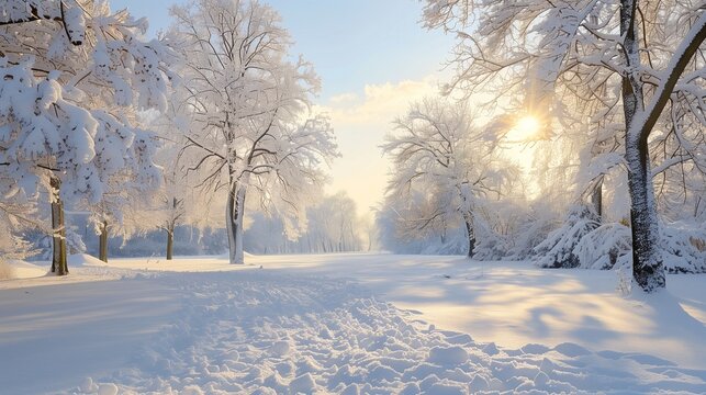 AI generated illustration of a snowy landscape with trees in sunlight