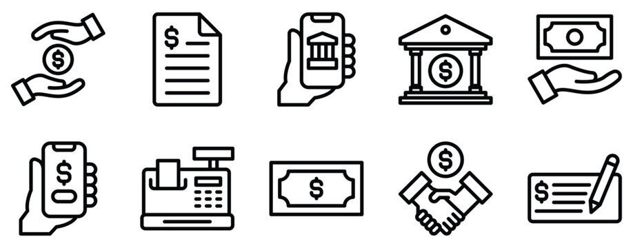 bill and payment method icon line style set collection