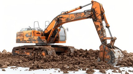 A dirty orange excavator is digging into the dirt