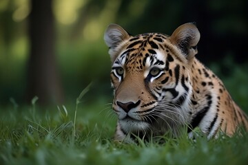 Fototapeta premium Ai genarated portrait of a bengal tiger sitting on grass with calm and power