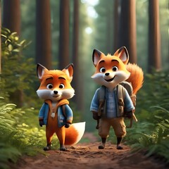 AI generated illustration of two young fox characters strolling in woodland with forest backdrop