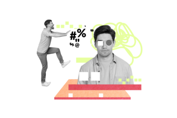 Creative collage picture of mini angry black white effect guy scream yell big person negative dialogue bubble