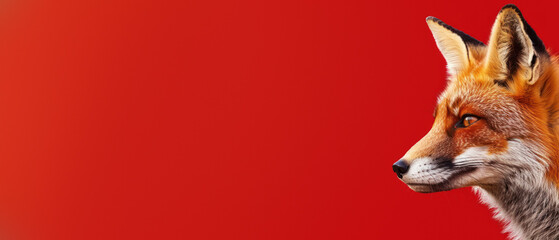 Fototapeta premium A vivid and intense close-up of a fox's head showcases its stunning fur pattern and piercing gaze against a stark red background