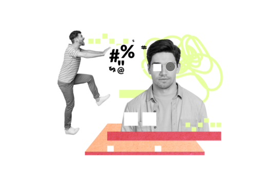 Creative collage picture of mini angry black white effect guy scream yell big person negative dialogue bubble