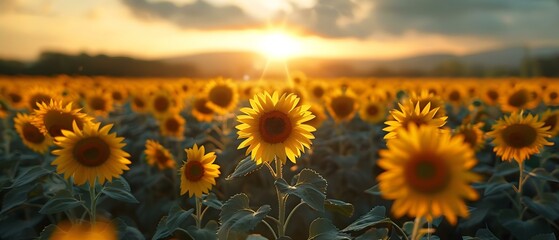 Obraz premium Golden Hour in a Harmonious Sunflower Symphony. Concept Golden Hour Photography, Sunflower Fields, Nature Portraits, Warm Tones, Outdoor Photoshoot