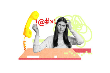 Photo cartoon comics sketch collage picture of uncertain lady getting annoying suspicious calls...