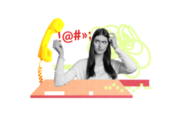 Photo cartoon comics sketch collage picture of uncertain lady getting annoying suspicious calls isolated drawing background