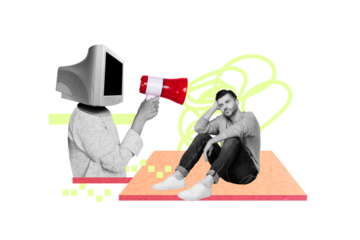 Creative template photo advert collage of young stressed man internet abuse cyberbullying proclaim headless person isolated on green background