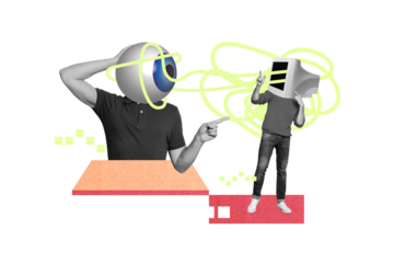 Photo banner collage artwork of young headless man computer monitor internet hacker spying eyeball watching isolated on green color background