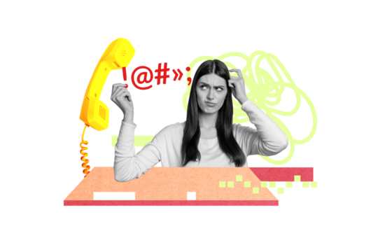 Photo cartoon comics sketch collage picture of uncertain lady getting annoying suspicious calls isolated drawing background