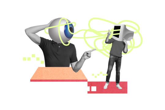 Photo banner collage artwork of young headless man computer monitor internet hacker spying eyeball watching isolated on green color background