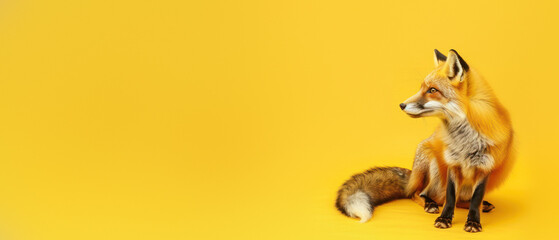 A visually compelling image of a sitting fox posing elegantly against a simple yellow background - Powered by Adobe