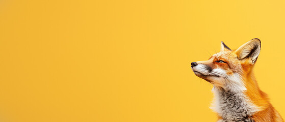 A captivating image of an alert fox with its gaze directed upwards on a uniform yellow backdrop