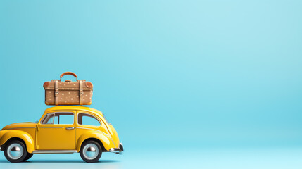Yellow retro car with luggage and summer accessories on blue background with copy space