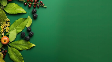 Green summer background decorated with leaves and berries, copy space