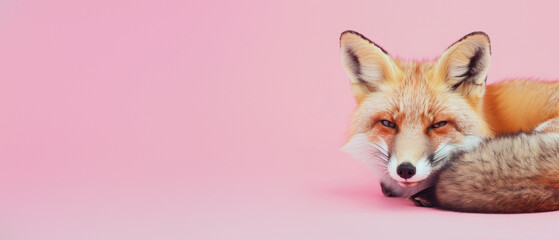 A red fox lies down with its head resting on paws against a pastel pink background, emanating warmth and comfort