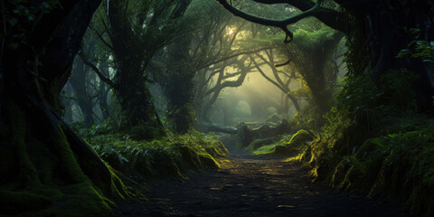 Inviting forest path, ancient trees, shadowed heavenly, lush and overgrown