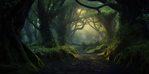 Selbstklebende Fototapeten Inviting forest path, ancient trees, shadowed heavenly, lush and overgrown © britaseifert