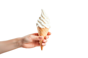 Woman's hand holding an ice cream cone wafer isolated on a cutout PNG transparent background