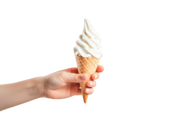 Woman's hand holding an ice cream cone wafer isolated on a cutout PNG transparent background