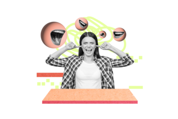 Collage picture of unsatisfied irritated mini black white gamma girl fingers cover ears avoid loud noise talking mouth isolated on painted background