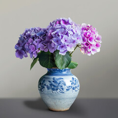 Purple Hydrangea flower in vase. Still life.
